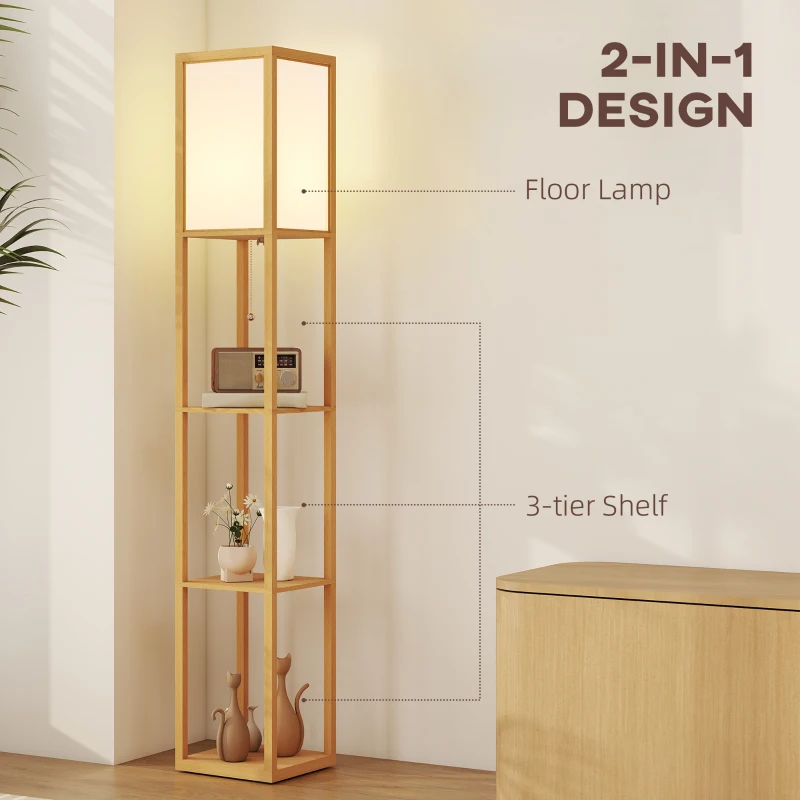 HOMCOM Vloerlamp met 3 planken, staande lamp met E27 fitting, 26 x 26 x 160 cm, voor woon-/slaapkamer (zonder lamp)