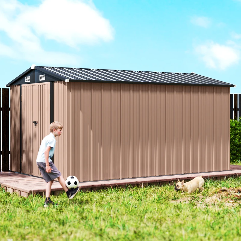 Outsunny Capanno da Giardino in Metallo 364 x 238 cm con 4 Prese d'Aria e Porte Doppie con Serratura, Marrone