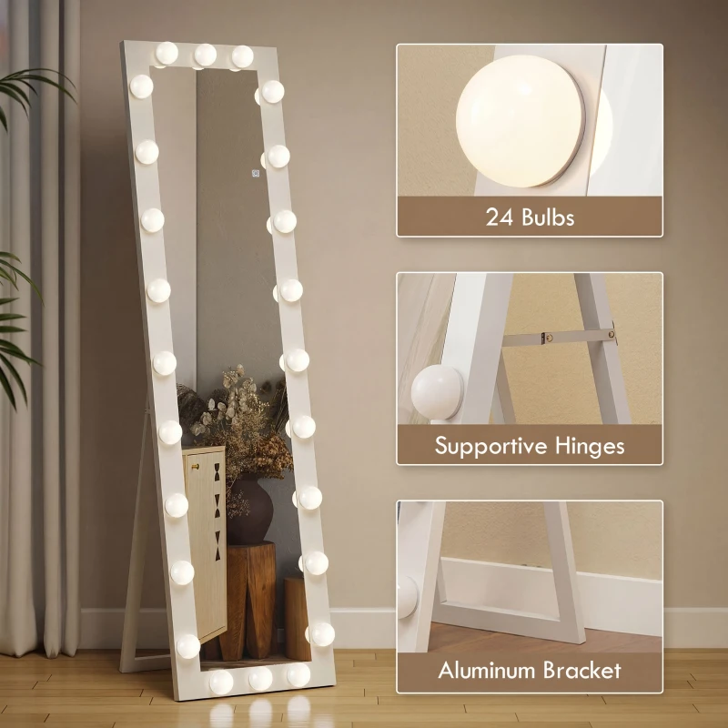 HOMCOM Pełnowymiarowe lustro 150x40 cm LED z 24 żarówkami, 3 kolory światła, stojące lub oparte, białe