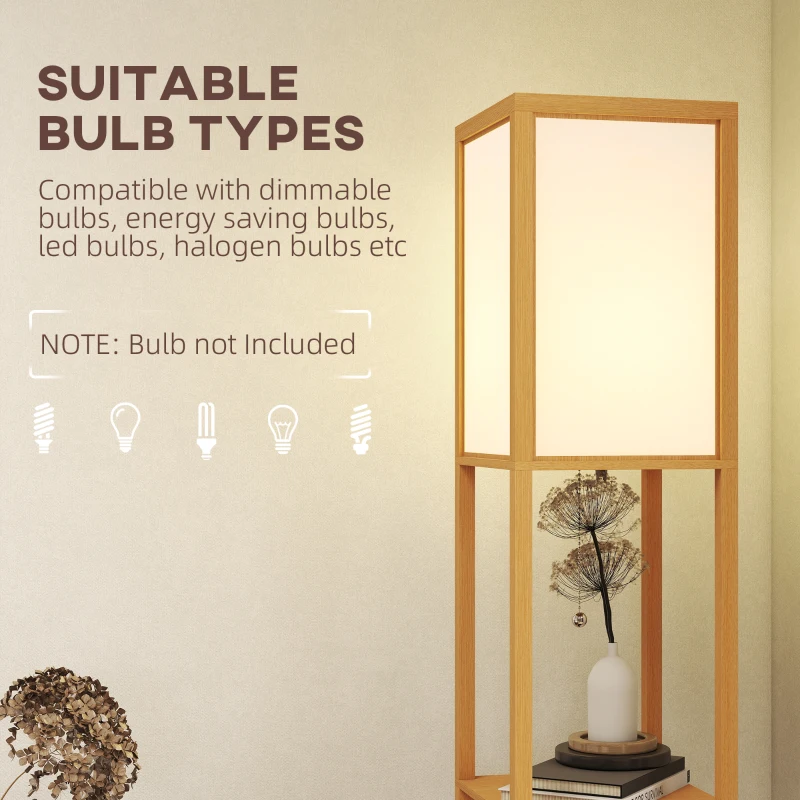 HOMCOM Vloerlamp met 3 planken, staande lamp met E27 fitting, 26 x 26 x 160 cm, voor woon-/slaapkamer (zonder lamp)