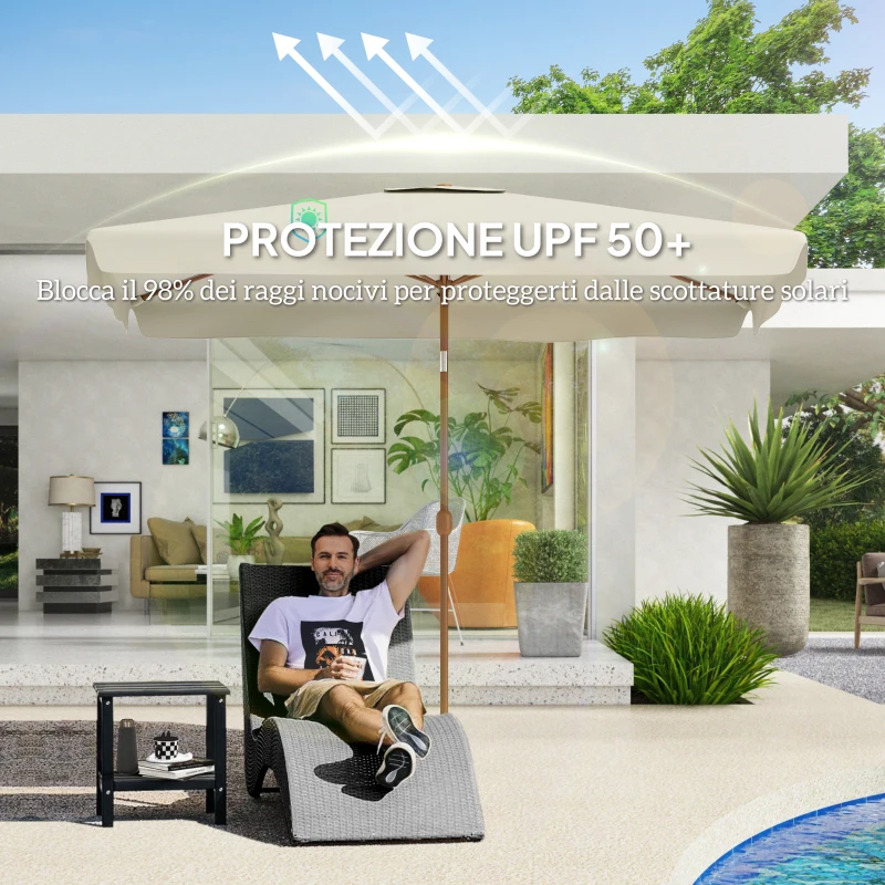 Outsunny Ombrellone Rettangolare da Giardino 2x3 m con Bordo a Balze e Manovella, in Metallo e Poliestere, Beige