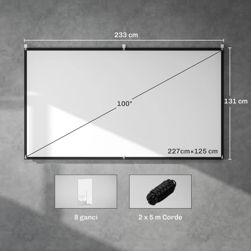 HOMCOM Telo per Proiettore 100" 16:9 HD 4K/8K Pieghevole e Portatile, Antipiega e Lavabile, Doppia Facciata, Bianco