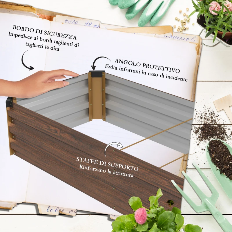 Outsunny Fioriera Rialzata in Metallo da 405L con Fondo Aperto, 240x60x30 cm, color Legno Scuro
