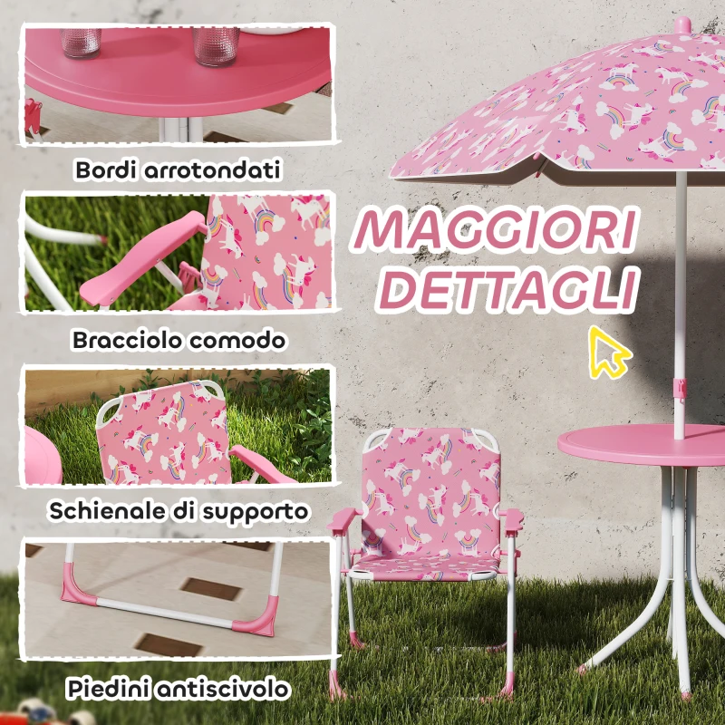 AIYAPLAY Tavolo da Picnic per Bambini Set Tavolo e Sedie con Ombrellone Rosa