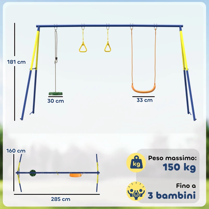 AIYAPLAY Altalena da Giardino 3 in 1 per Bambini 3-8 Anni, in Acciaio e PE, 285x160x181 cm, Multicolore