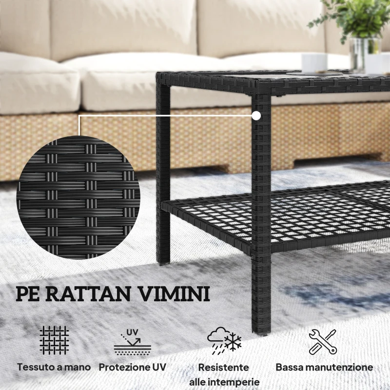 Outsunny Tavolino da Caffè a 2 livelli con Piano in Vetro Temperato e Ripiano, in Acciaio e Rattan, 92x50x45 cm, Nero