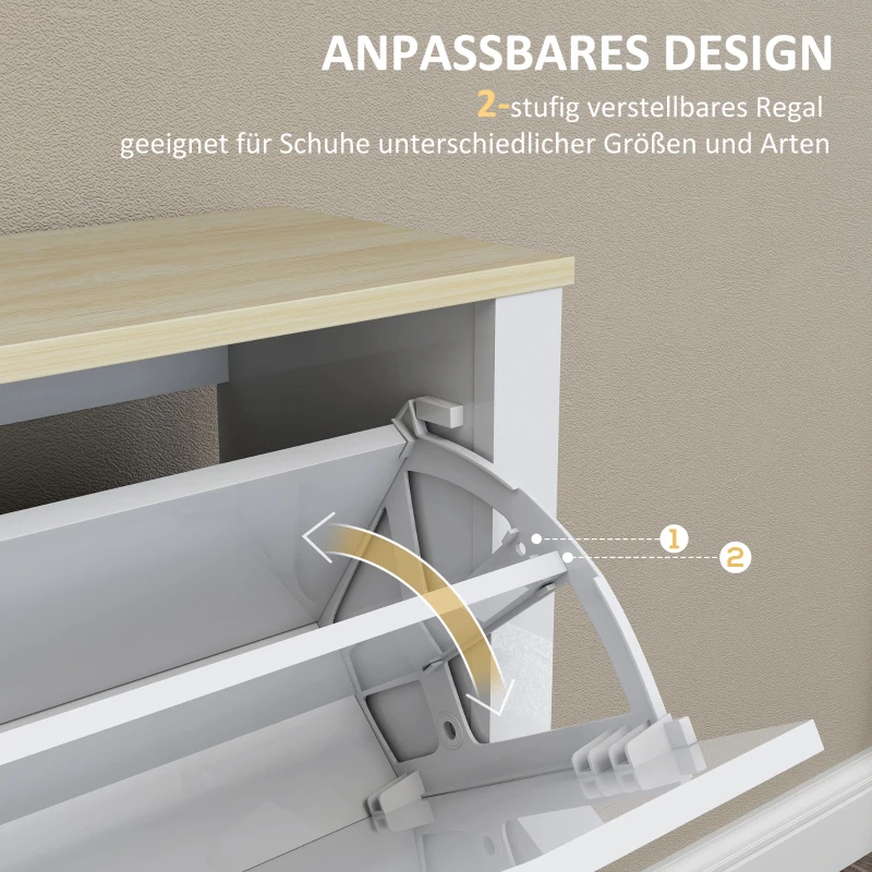 HOMCOM Schuhschrank Schmal mit 4 Klappfächern für 8–16 Paar Schuhe, 105 x 26 x 80 cm, Weiß+Natur