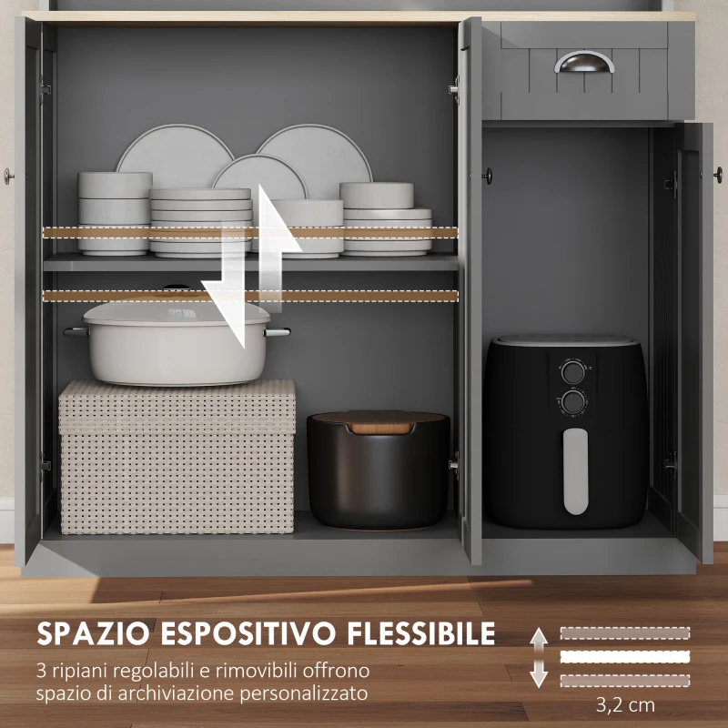 HOMCOM Mobile Dispensa Stile Country con Mensole Regolabili, Armadietti e Cassetto, in Legno, 101x39x180 cm, Grigio