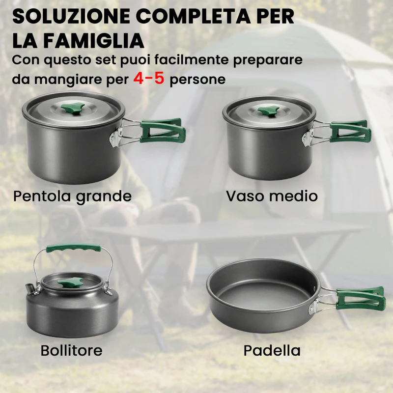 Outsunny Set di Pentole Campeggio 4-5 Persone, Cucina Campeggio Alluminio, Grigio