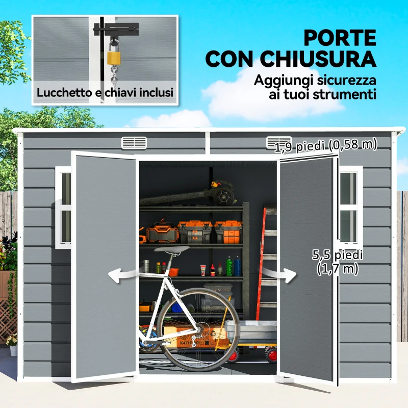 Outsunny Casetta per Attrezzi a 2 Ingressi con Finestre e Prese d'Aria, in PP e Alluminio, 303x183x184 cm, Grigio