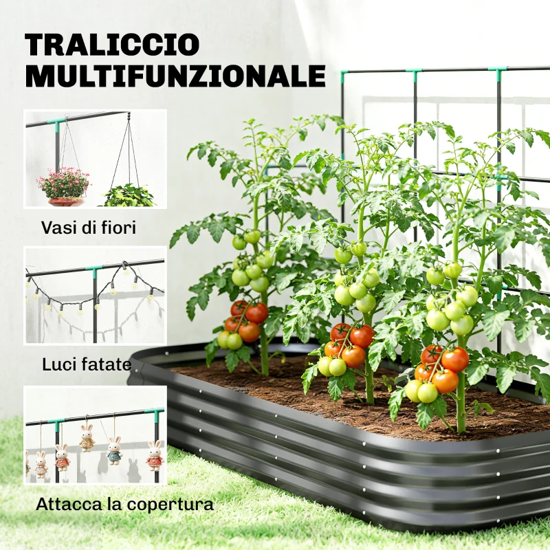 Outsunny Orto Rialzato con Traliccio per Rampicanti e Fondo Aperto in Metallo, 220x110x150 cm, Grigio Scuro