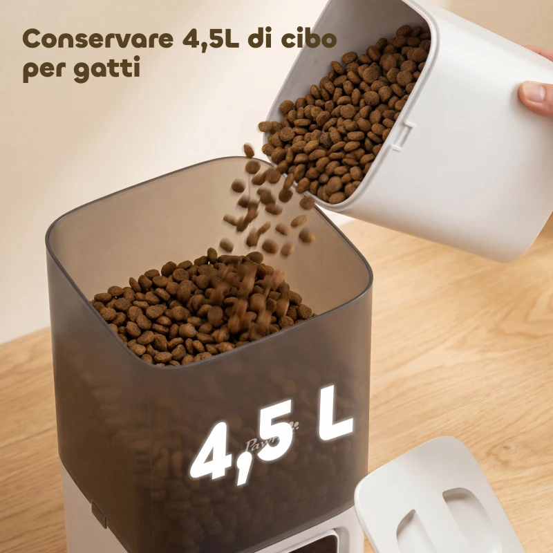 PawHut Distributore Automatico di Cibo per Gatti 4.5L con APP e Registratore Vocale