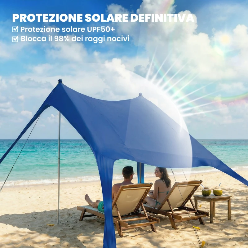 Outsunny Tenda da Spiaggia UV 50+ per 2-4 Persone con Tappetino e Pala, in Lycra e Alluminio, 200x208x200 cm, Blu