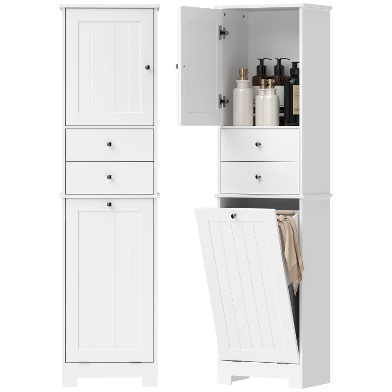 HOMCOM Mobile Bagno con Cesto per Biancheria Pieghevole, Armadietto e 2 Cassetti, in Legno, 45x30x171 cm, Bianco