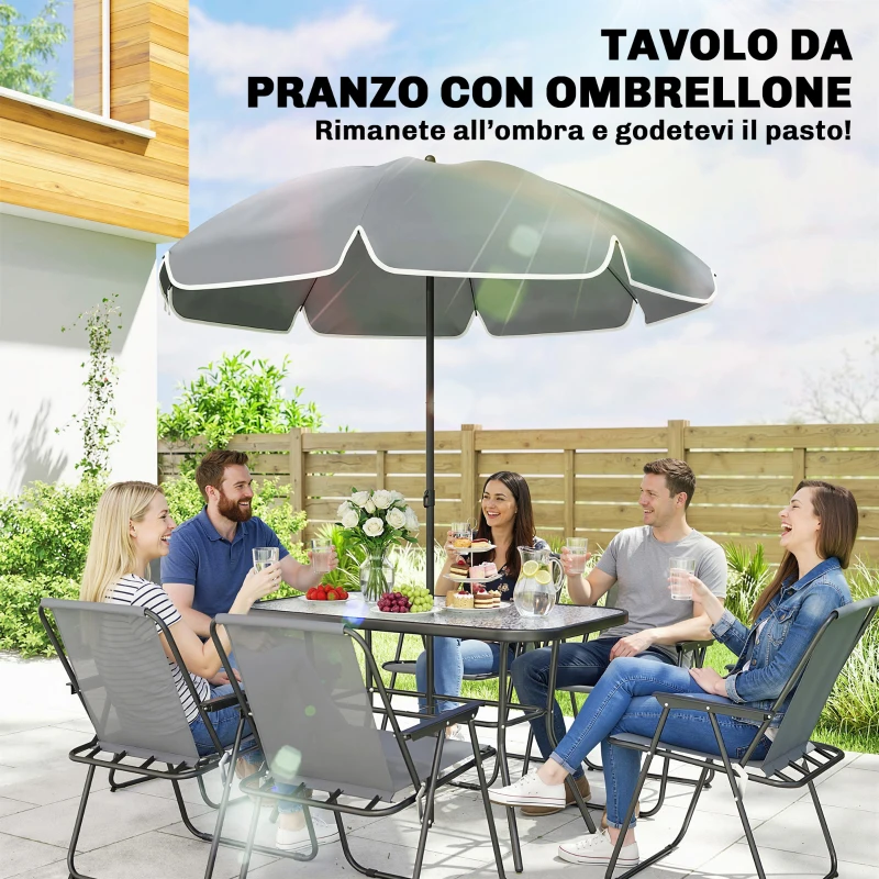 Outsunny Set da Giardino 8 pz con Ombrellone, 6 Sedie Pieghevoli e Tavolo da Esterno in Vetro Temperato, Grigio