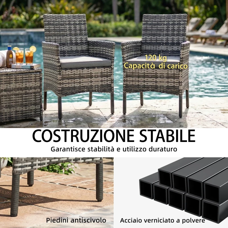 Outsunny Set 2 Sedie da Giardino in Rattan e Acciaio con Cuscini, Braccioli e Schienale Alto, 58x62x87 cm, Grigio