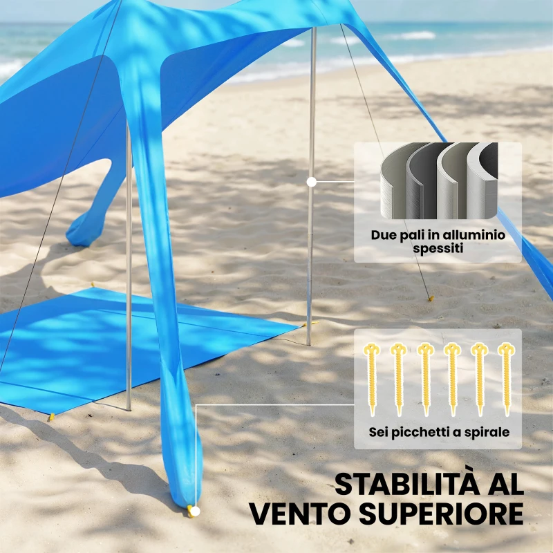 Outsunny Tenda da Spiaggia UV 50+ per 2-4 Persone con Tappetino e Pala, in Lycra e Alluminio, 200x208x200 cm, Azzurro