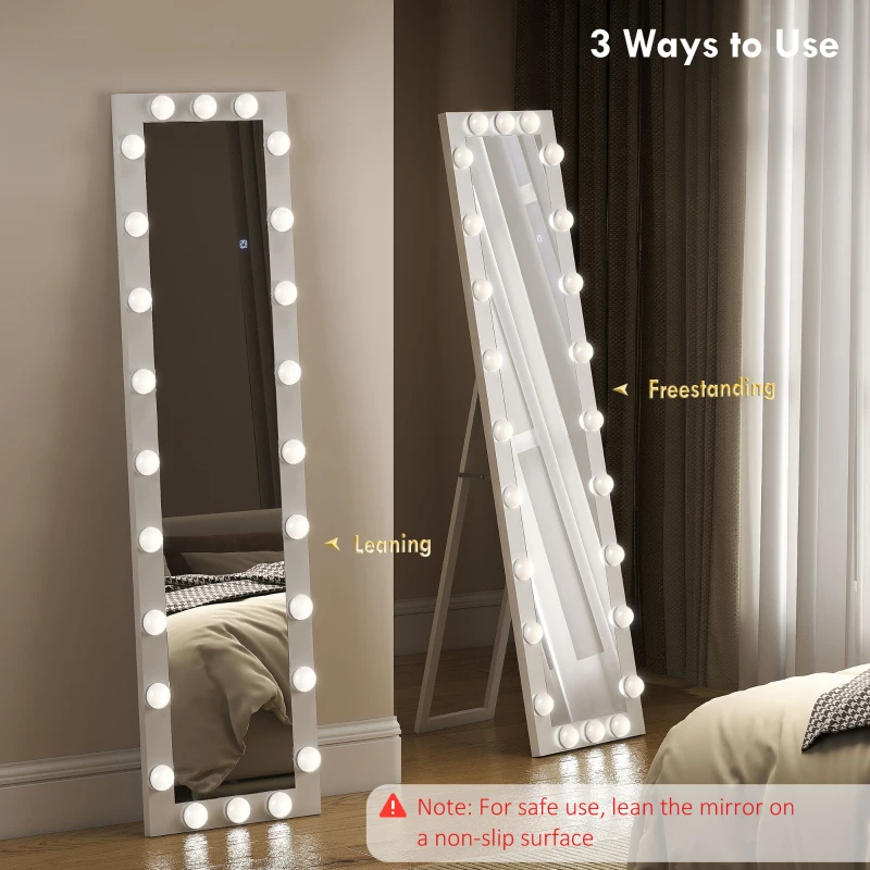 HOMCOM Pełnowymiarowe lustro 150x40 cm LED z 24 żarówkami, 3 kolory światła, stojące lub oparte, białe