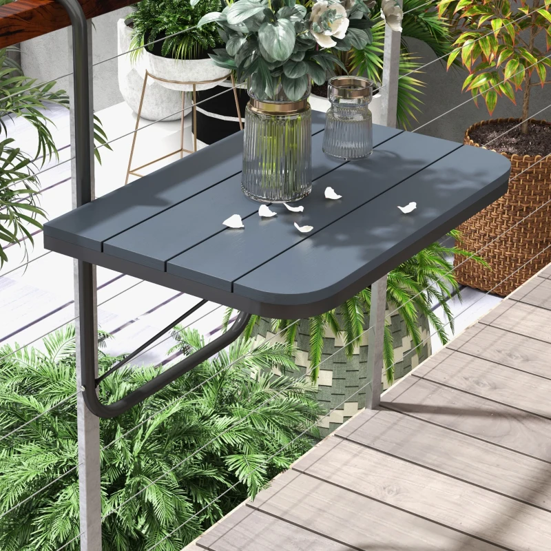 Outsunny Tavolino da Balcone Pieghevole e Regolabile, in Alluminio e Legno Composito, 60x40x55-64 cm, Nero