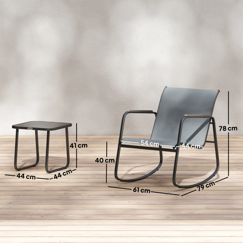 Outsunny Set da Esterno 3pz in Acciaio con 2 Sedie a Dondolo Traspiranti e Tavolino con Piano in Vetro, Grigio e Nero