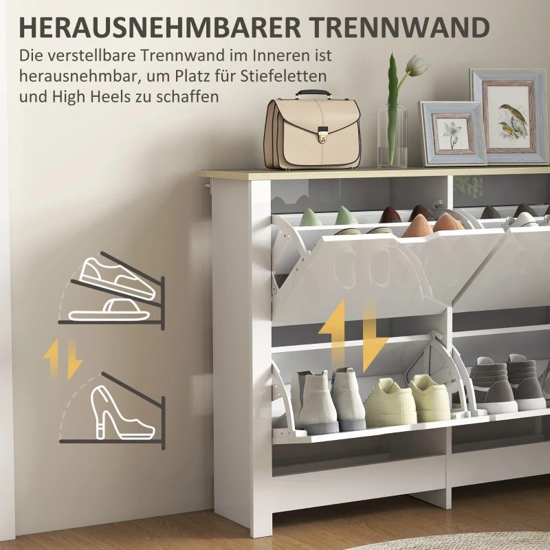 HOMCOM Smalle Schoenenkast met 4 Klapvakken voor 8–16 Paar Schoenen, 105 x 26 x 80 cm, Wit + Natuurlijk hout