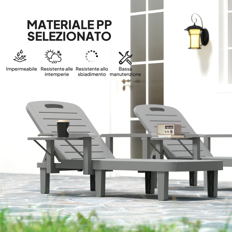 Outsunny Set 2 Sdraio da Giardino Regolabili con Tavolino e Braccioli, in Polipropilene, 79x158x88 cm, Grigio Scuro