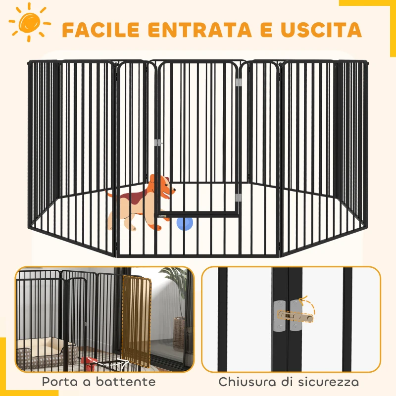PawHut Box per Cani a 8 Pannelli Modulabili da Interno ed Esterno con 9 Picchetti, in Acciaio, 164x164x100 cm, Nero