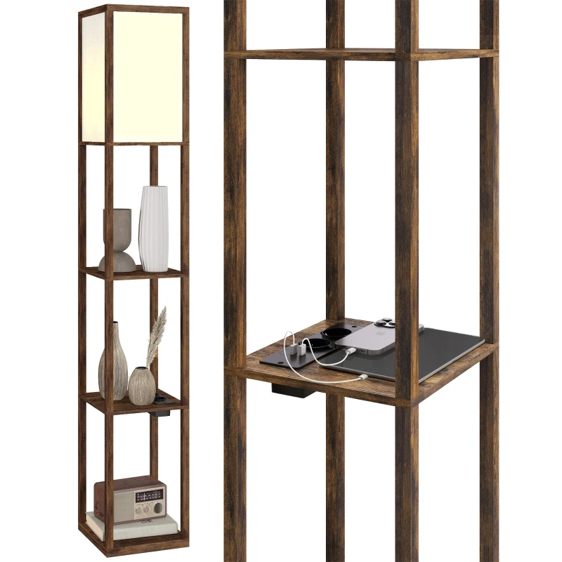 HOMCOM Lampada da Terra con Ripiani, Luce Regolabile, Interruttore a Pedale e Porte USB, Marrone