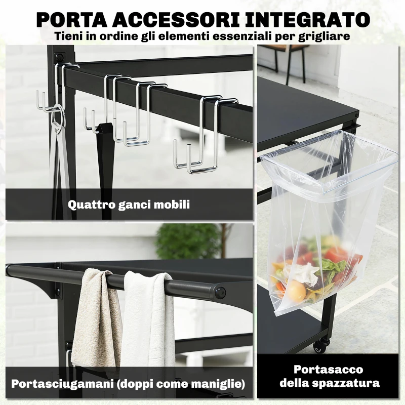 Outsunny Carrello Barbecue, 2 Ripiani, Supporto Pizza, Portasacchi e Ganci, Nero.