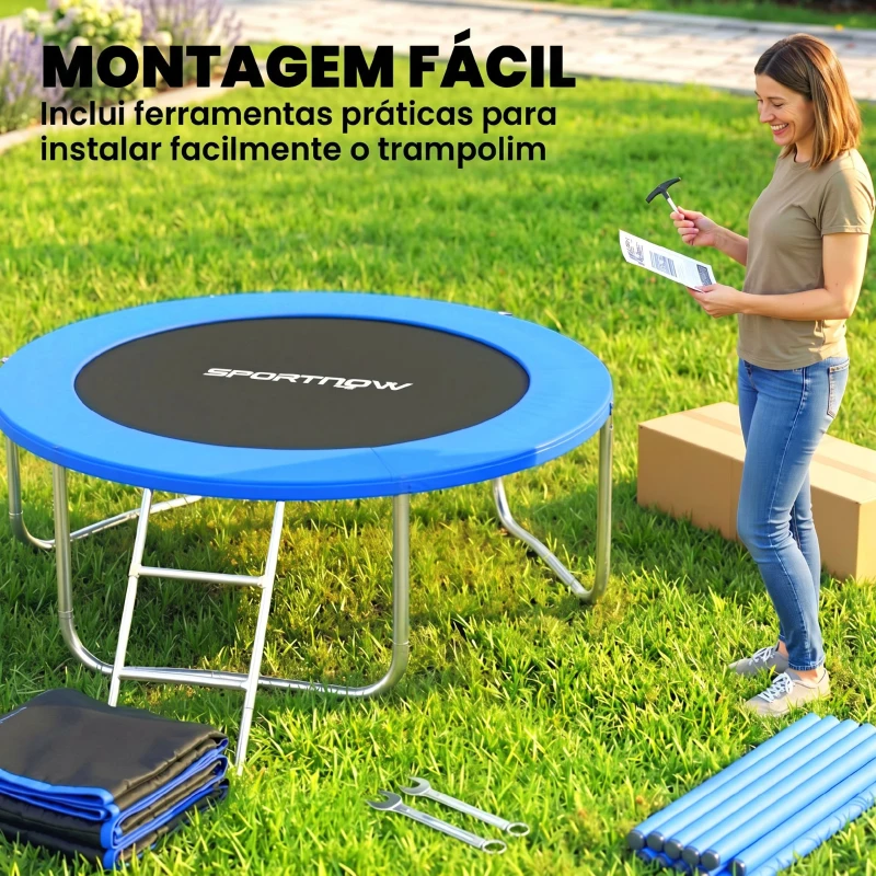 SPORTNOW Trampolim para Crianças Exterior Ø183 cm com Rede de Segurança Escada de 2 Degraus Cobertura de Molas Saco de Armazenamento Azul