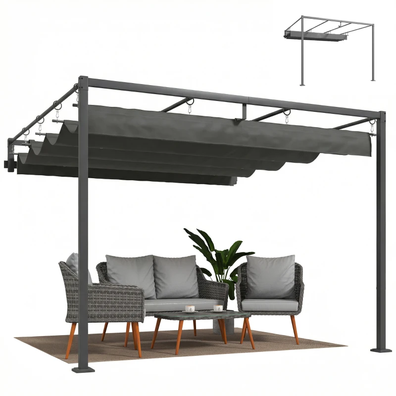 Outsunny Pergola Addossata 3x3 m con Tetto Retrattile Scorrevole UV30+ e Fori di Drenaggio, Grigio Scuro