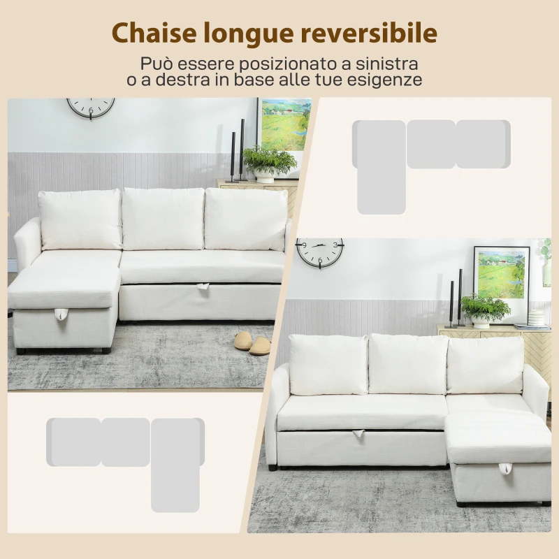 HOMCOM Divano Letto Angolare Effetto Lino con Vano Portaoggetti a Scomparsa, 192x148x86 cm, Bianco Crema