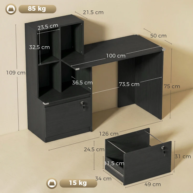 HOMCOM Escritorio para ordenador con estantería de 4 compartimentos y cajón con cerradura, 126 x 50 x 109 cm, negro
