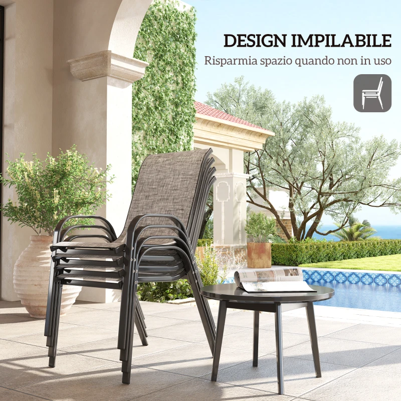 Outsunny Set 4 Sedie da Giardino Impilabili con Braccioli Curvi, in Acciaio e Tessuto Traspirante, 54x71x93 cm, Grigio
