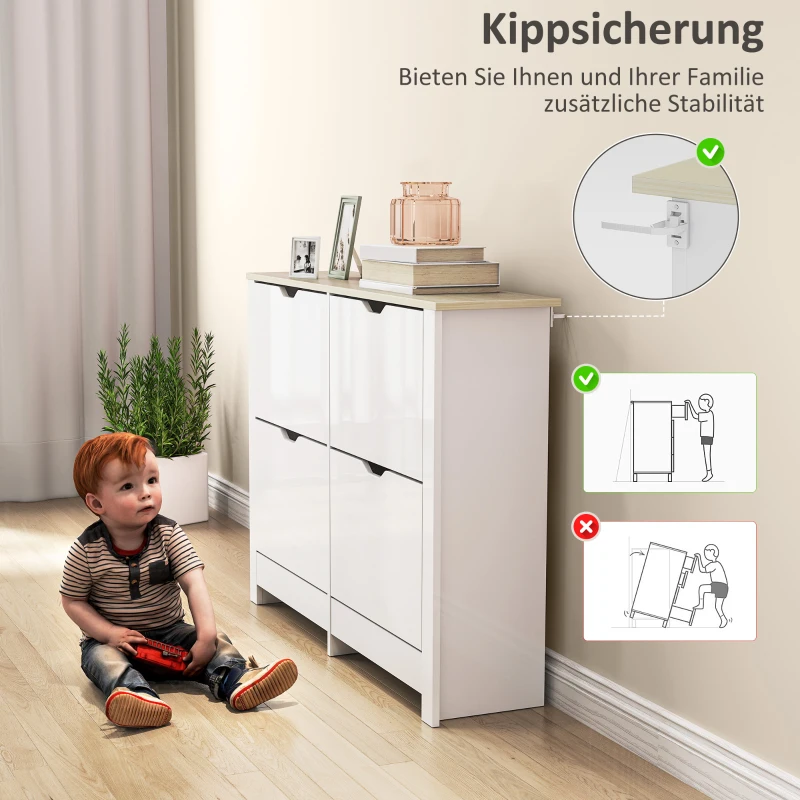 HOMCOM Schuhschrank Schmal mit 4 Klappfächern für 8–16 Paar Schuhe, 105 x 26 x 80 cm, Weiß+Natur