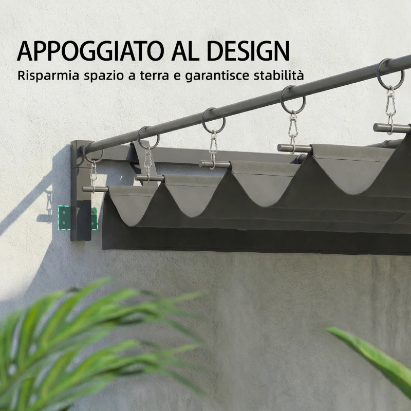 Outsunny Pergola Addossata 3x3 m con Tetto Retrattile Scorrevole UV30+ e Fori di Drenaggio, Grigio Scuro