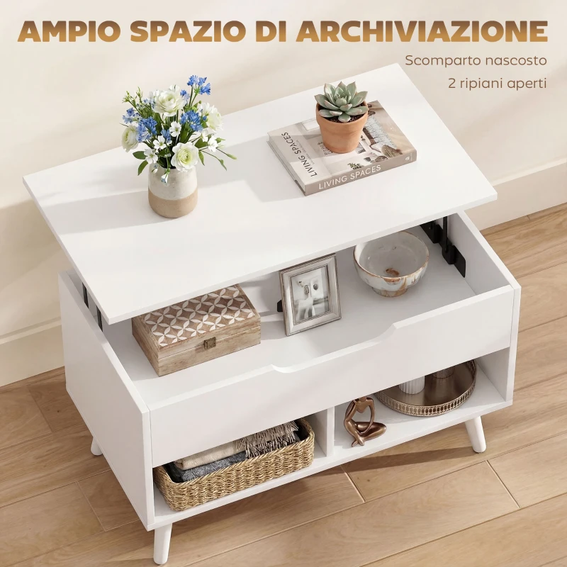HOMCOM Tavolino da Caffè con Piano Sollevabile e Spazio Nascosto, 75 cm Bianco Punzonato