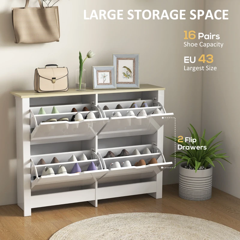 HOMCOM Wąska szafka na buty z 4 uchylnymi przegrodami, na 8–16 par butów, 105 x 26 x 80 cm, biały + naturalny