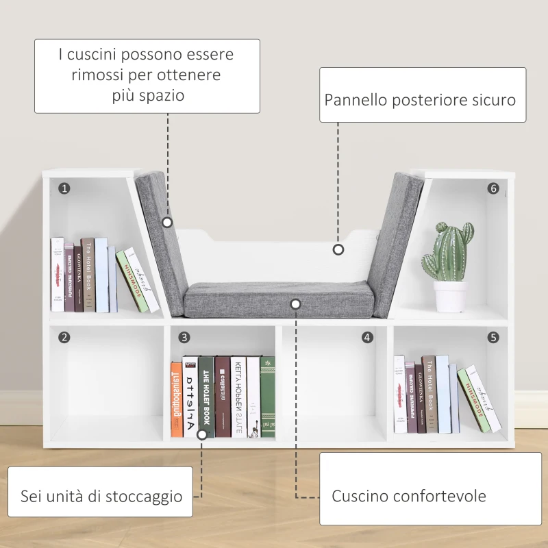HOMCOM Mobile Libreria a 6 Sezioni 2 in 1 con Cuscini Morbidi, in Legno, Spugna e Poliestere, 102x30x61 cm, Bianco