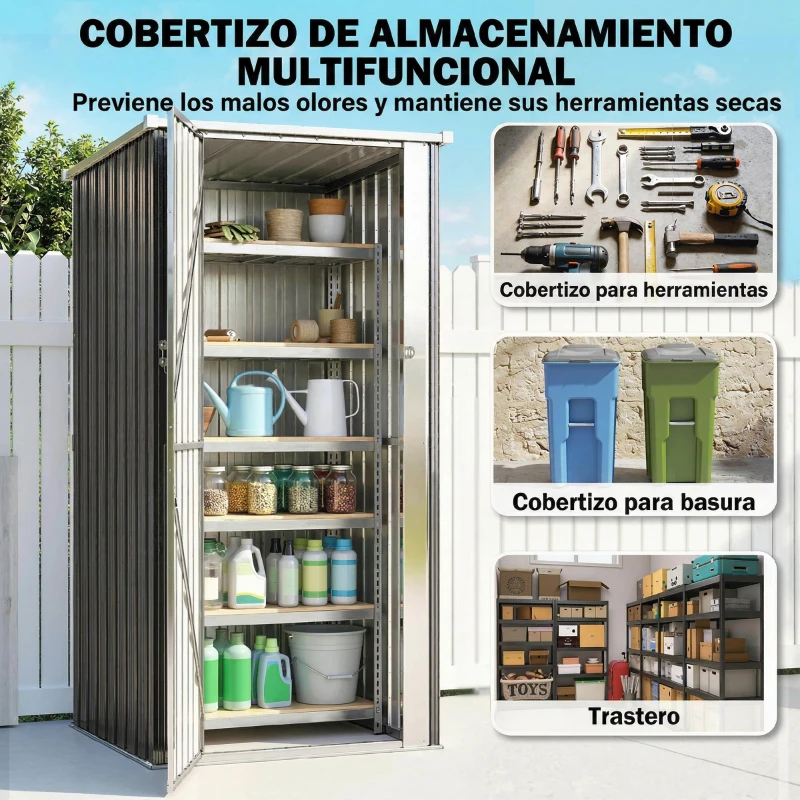 Outsunny Cobertizo de Jardín Exterior 0,69 m² 83x89x163 cm con Techo Inclinado Puerta con Cerradura Incluye Guantes Gris Oscuro