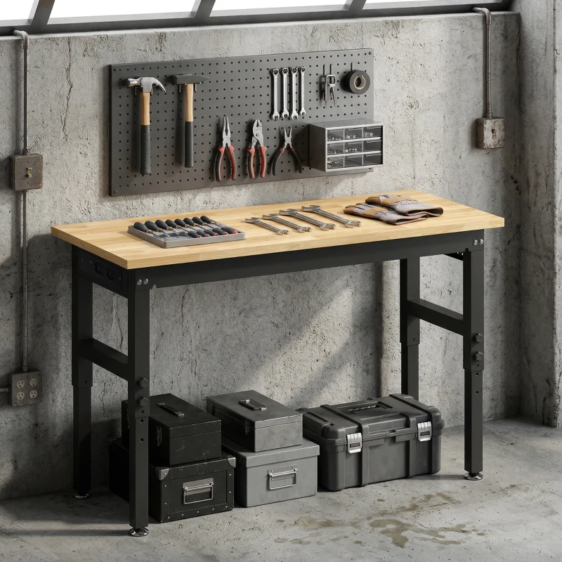 HOMCOM Banco de Trabajo en Madera y Acero Altura Regulable, 2 Tomas AC, Capacidad 900 kg, Color Madera y Negro