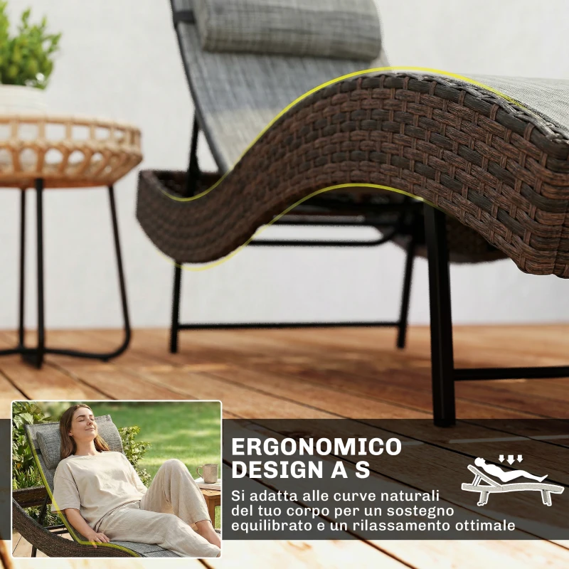 Outsunny Lettino Prendisole da Giardino in Rattan Forma S con Cuscino a 5 Posizioni, 60x198x44cm, Marrone