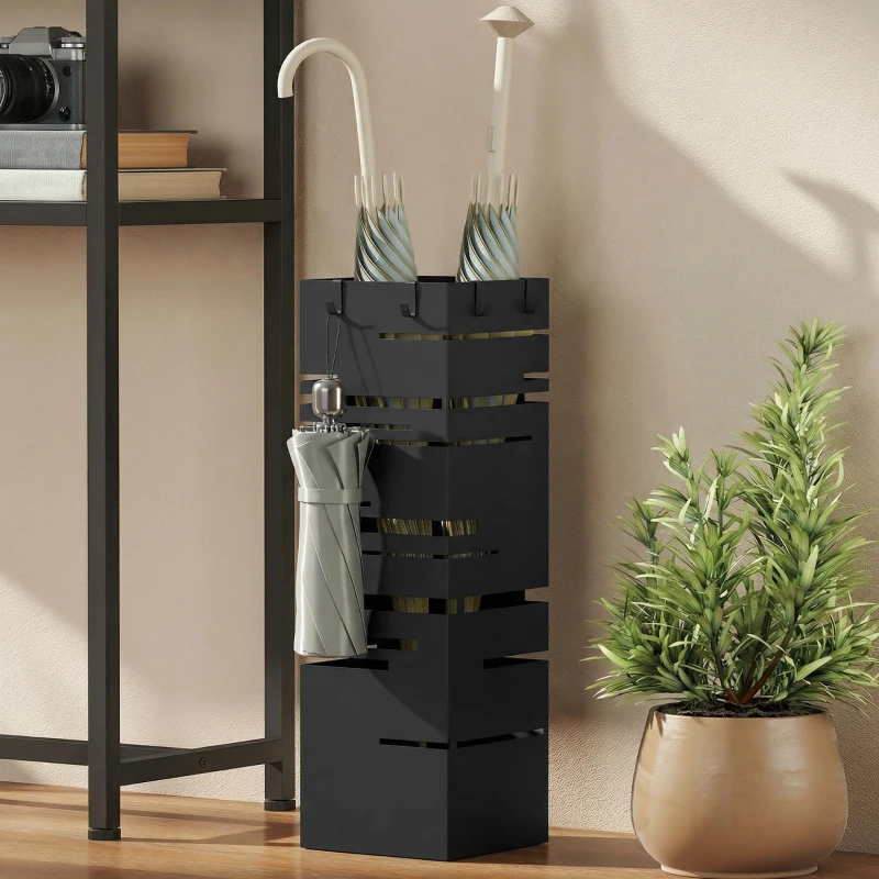 HOMCOM Portaombrelli Quadrato in Metallo con Vassoio Antigoccia Rimovibile e 4 Ganci, 15.5x15.5x49 cm, Nero