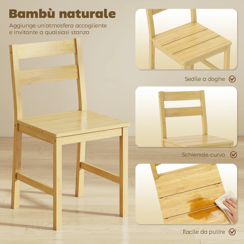HOMCOM Set di 2 Sedie da Pranzo in Bambù con Schienale Curvo e Seduta a Doghe, Colore Legno Naturale