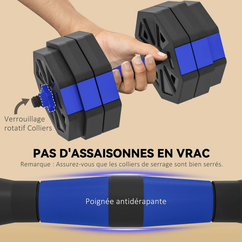 SPORTNOW Ensemble d'Haltères Musculation 6-en-1 Haltère Réglable 30 kg Kettlebell, Barre de Musculation Support pour Pompes Bleu