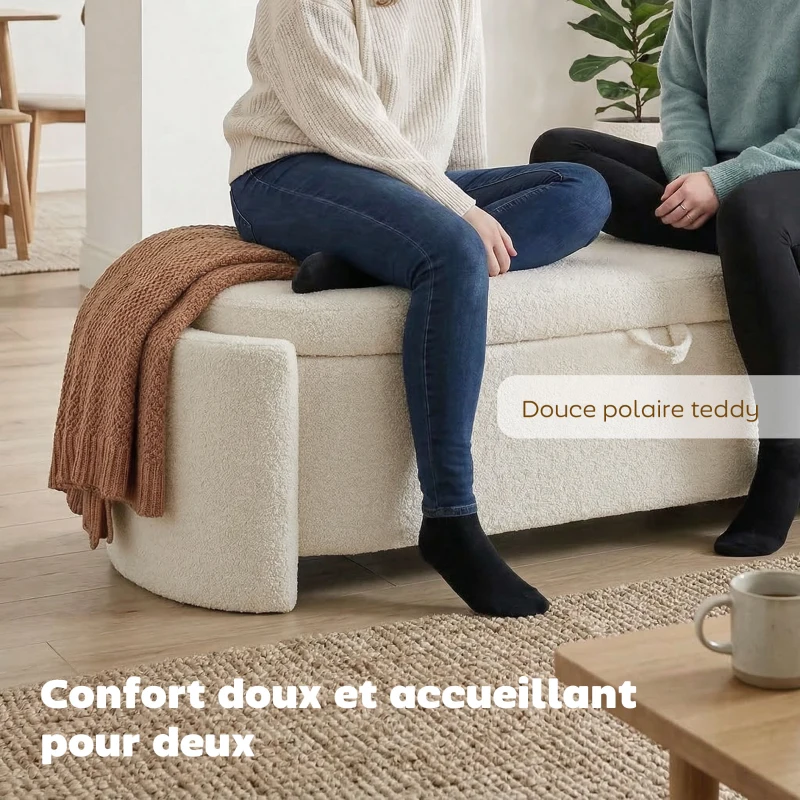 HOMCOM Banc de rangement, bout de lit ovale en polaire Teddy avec assise large, 129 x 48,5 x 44 cm, crème