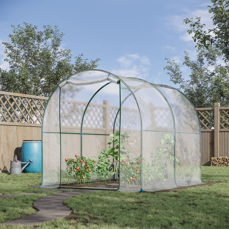 Outsunny Walk-in Tunnel Greenhouse with Roll-up Door, Transparent Polytunnel Greenhouse with Steel Frame and Plastic Cover, 2.5 x 2m