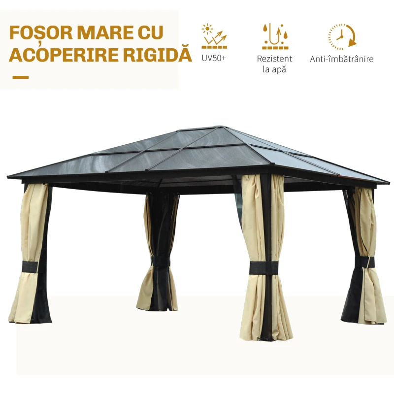 Outsunny Pavilion de grădină Hardtop 4.2 x 3.6 m, Draperii cu plasă împotriva insectelor, Structură din aluminiu, Maro+Crem