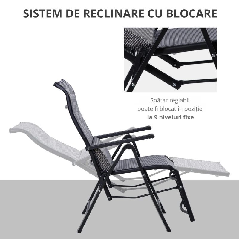Outsunny Scaun Rabatabil de Gradina Zero Gravity Set 2 Piese cu Spatar Reglabil in 9 Pozitii si Perne, 65x70x111cm, Gri