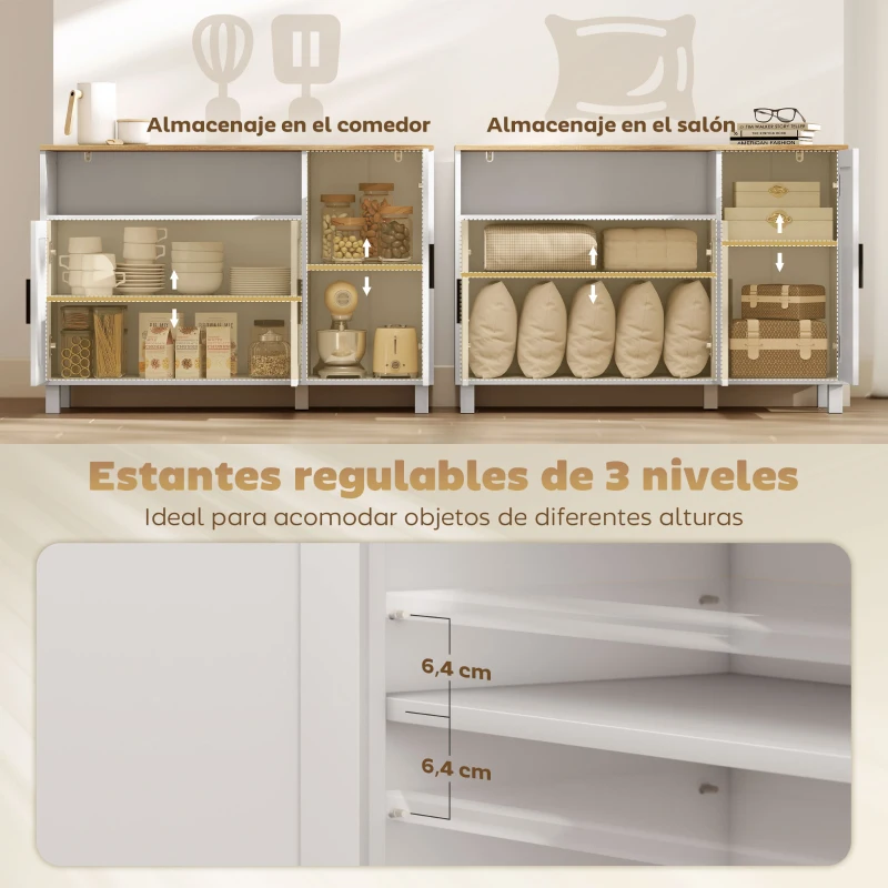 HOMCOM Aparador de 3 Puertas de Cierre Suave con Estantes Ajustables Compartimento Abierto Patas de Madera Blanco